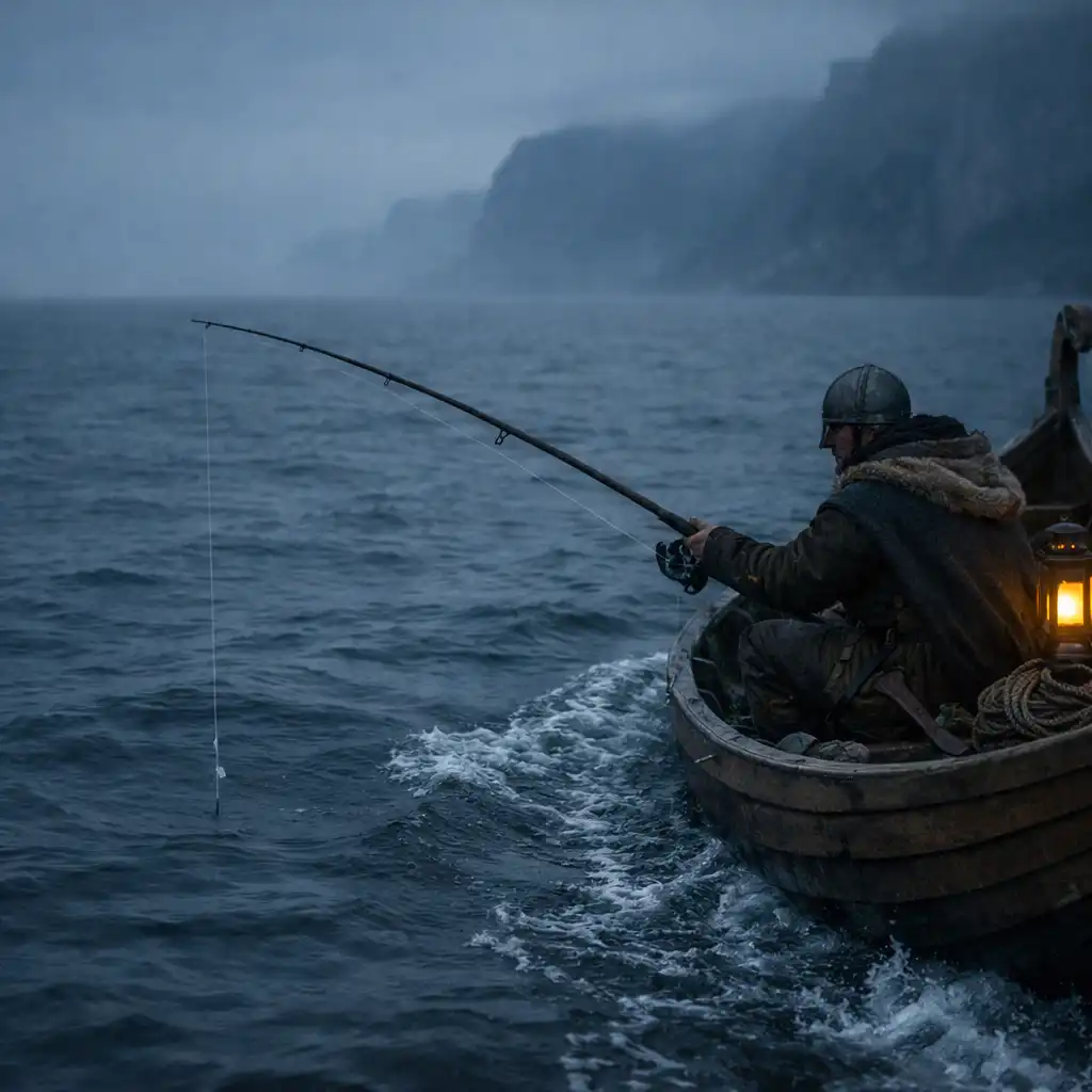Pêcheur viking sur un longship au-dessus d'une mer sombre