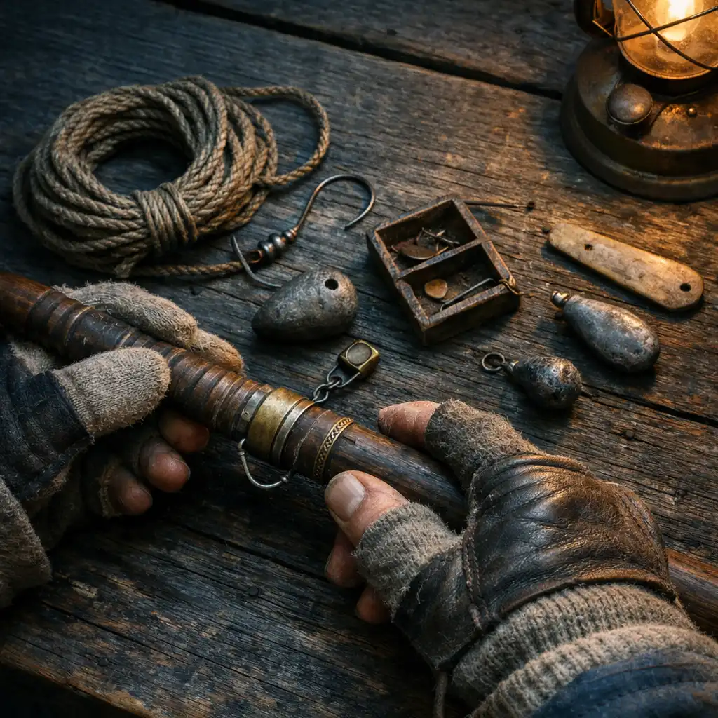 Mains inspectant une poignée de canne, une ligne tressée et un crochet sur un établi de bois