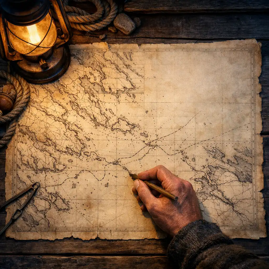 Carte marine ancienne sur une table de bois, avec une main suivant une route tracée.