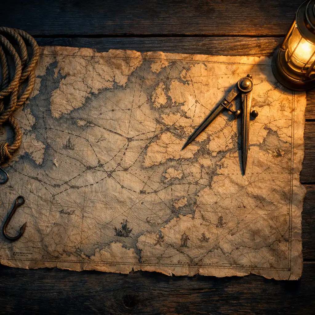 Carte marine ancienne, compas et hameçon posés sur une table de navigation
