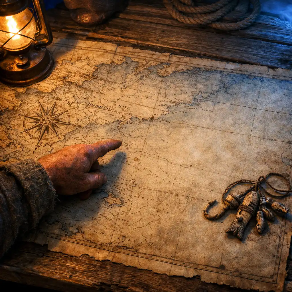 Carte marine ancienne déployée sur une table de bois, avec rose des vents et repères tracés.