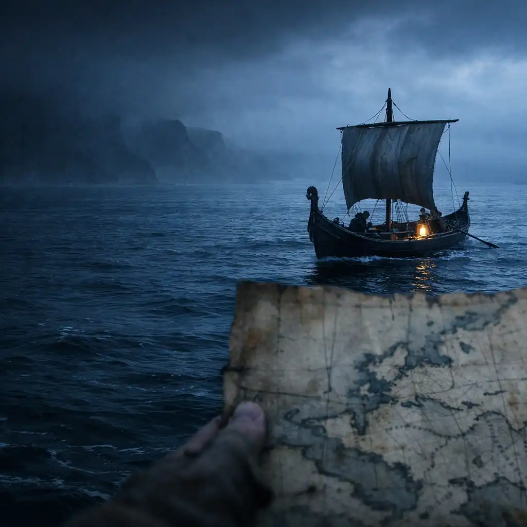 Petit longship de pêche sur une mer nordique sombre, près d’un horizon brumeux