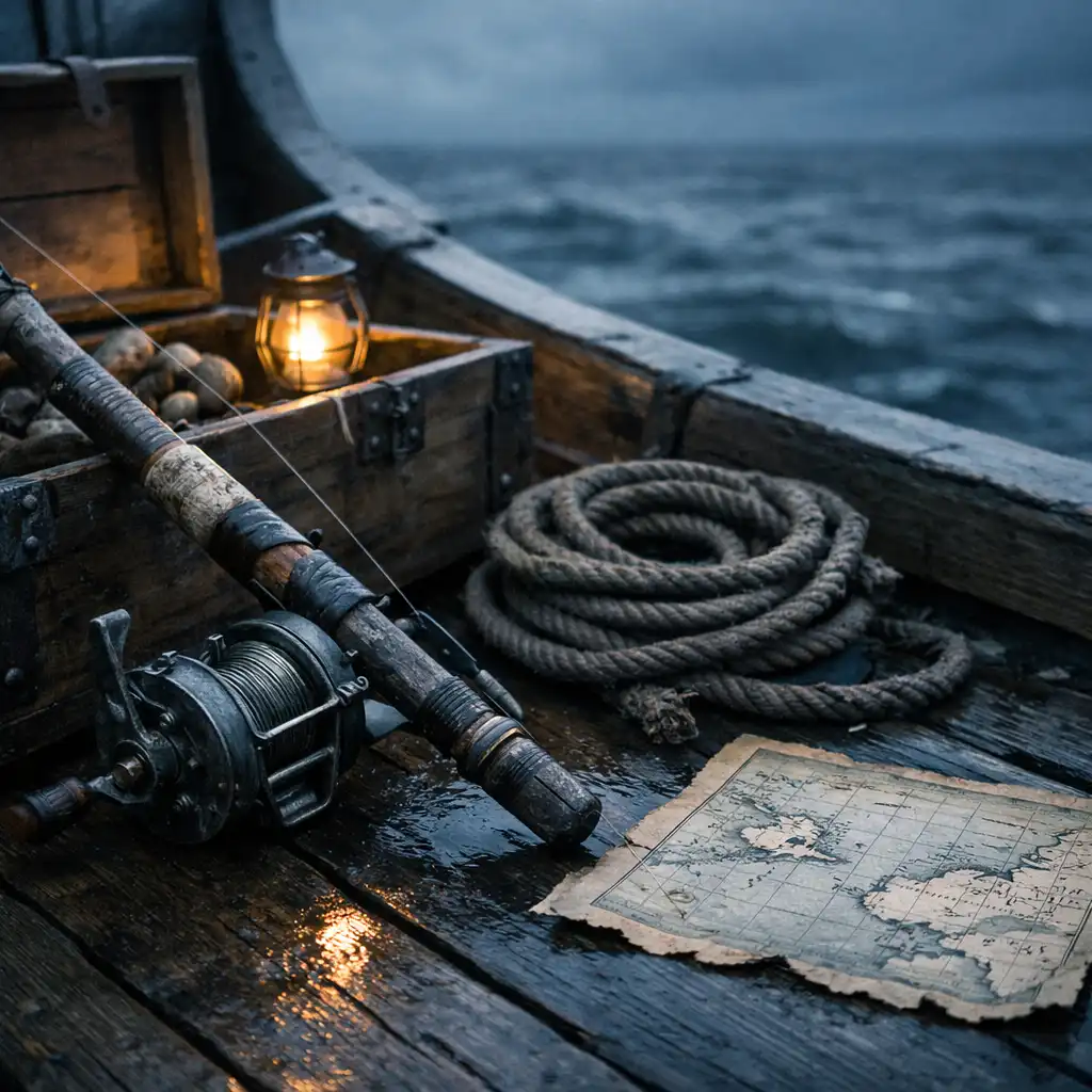 Canne renforcée, caisse d'équipement et corde sur le pont humide d'un longship.