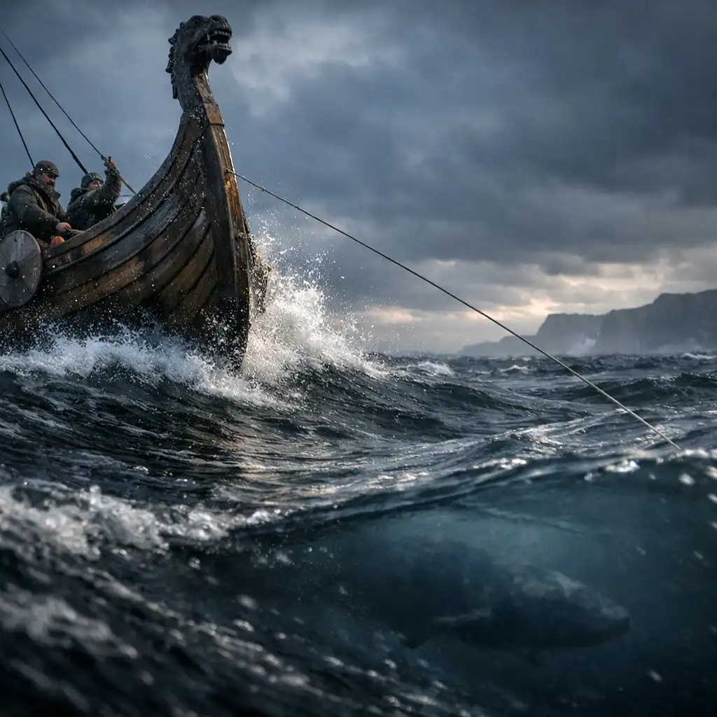Longship viking pris dans une houle froide, avec une ligne de pêche tendue au-dessus d’une eau sombre