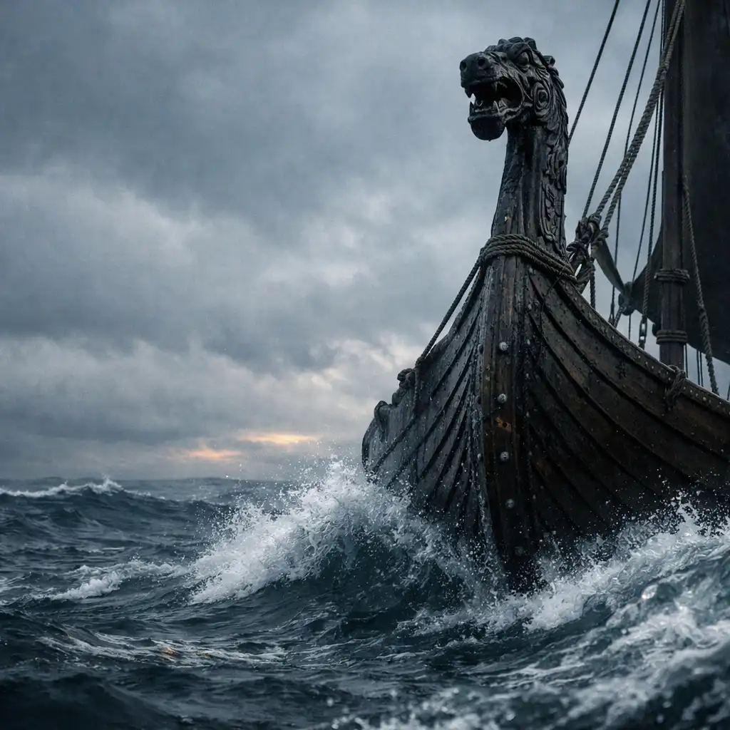 Longship viking renforcé avançant dans une mer lourde sous un ciel d’orage.