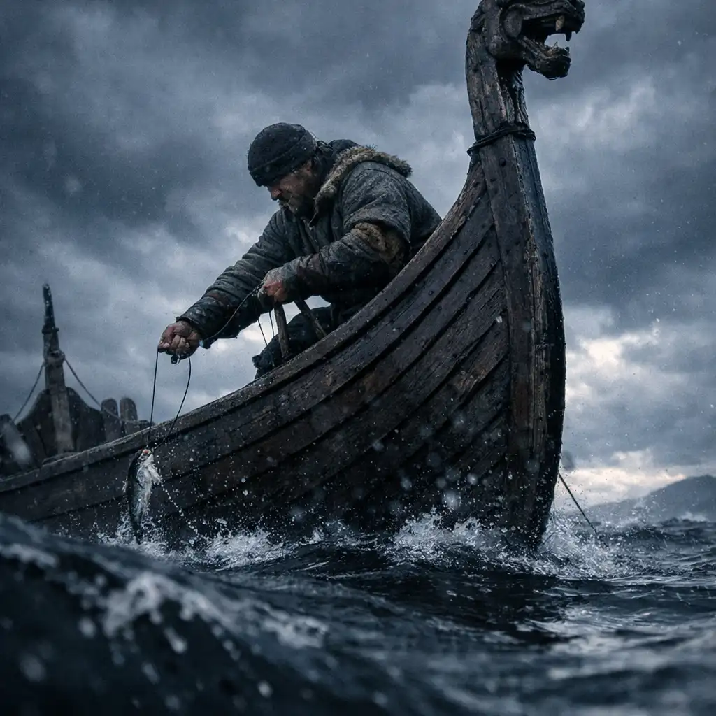 Longship viking naviguant sur une mer froide et agitée