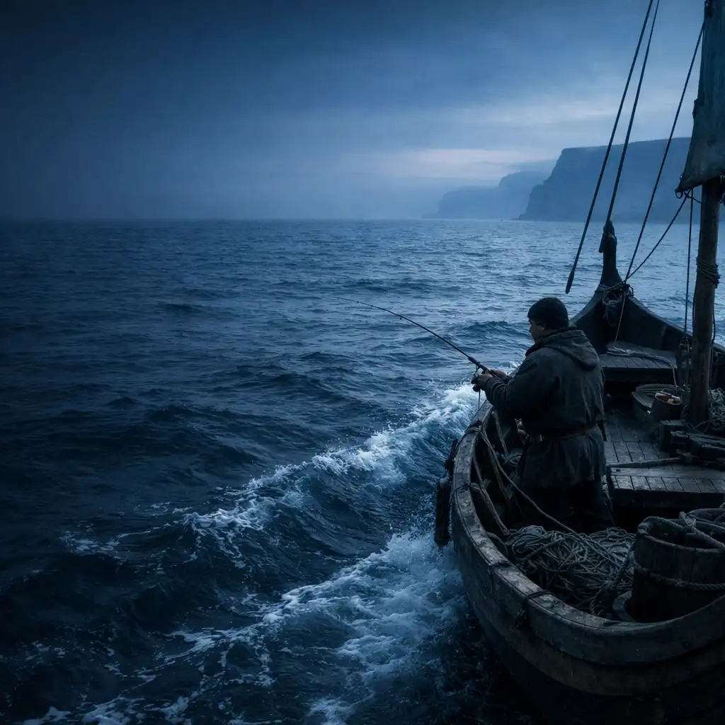 Un longship de pêche viking avance sur une mer nordique sombre à l'aube.