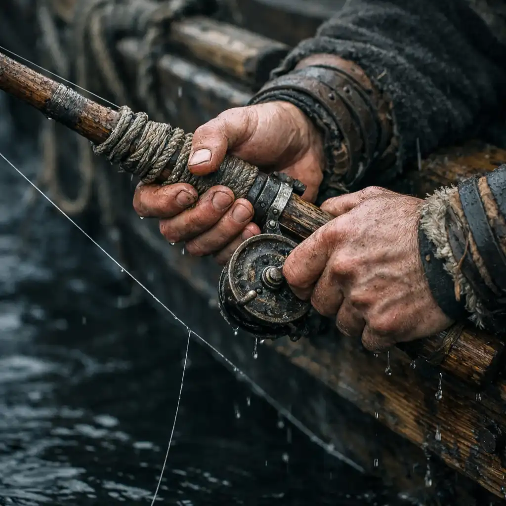 Mains d'un pêcheur viking tenant une canne et une ligne tendue